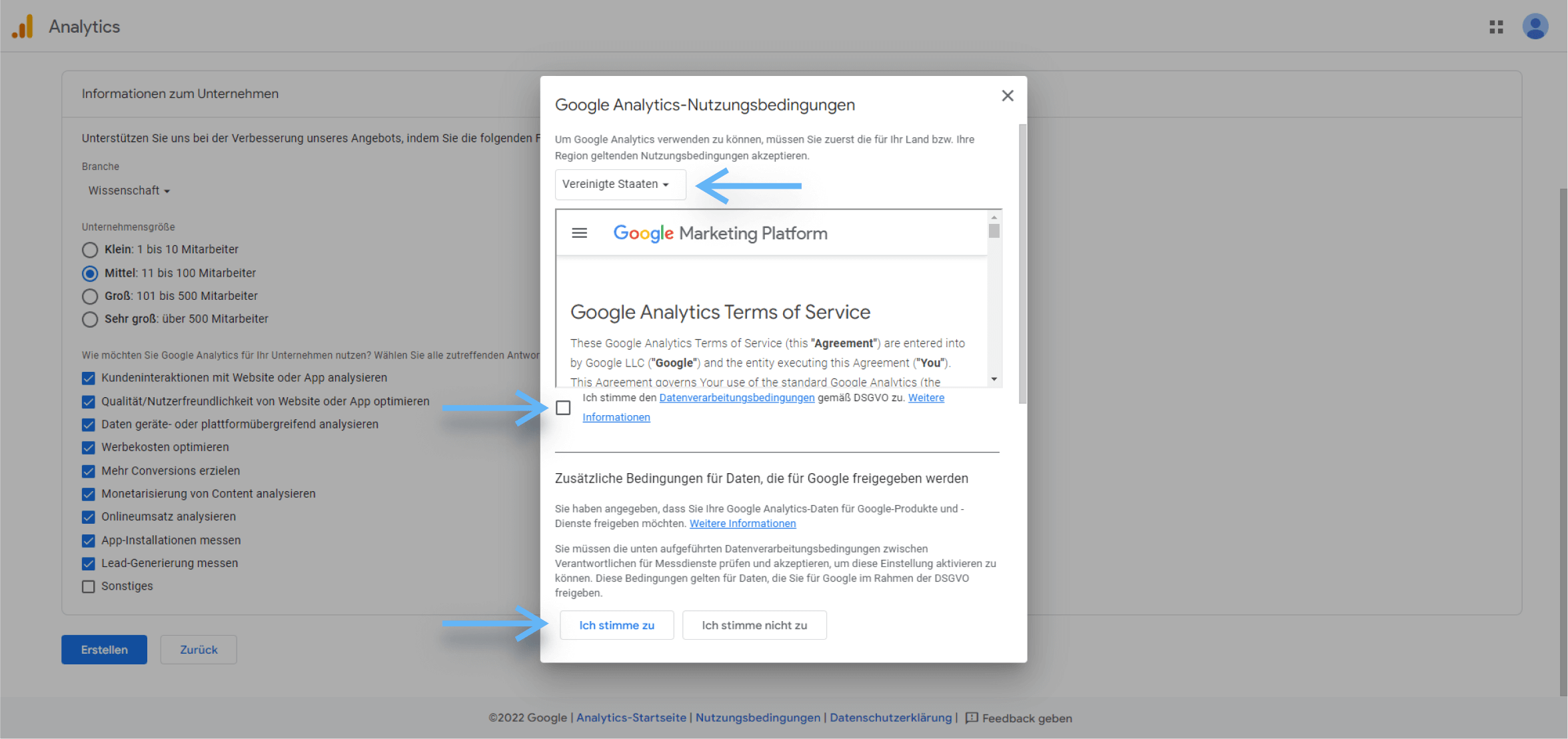 atrava - Google Analytics Anleitung - Nutzungsbedingungen zustimmen