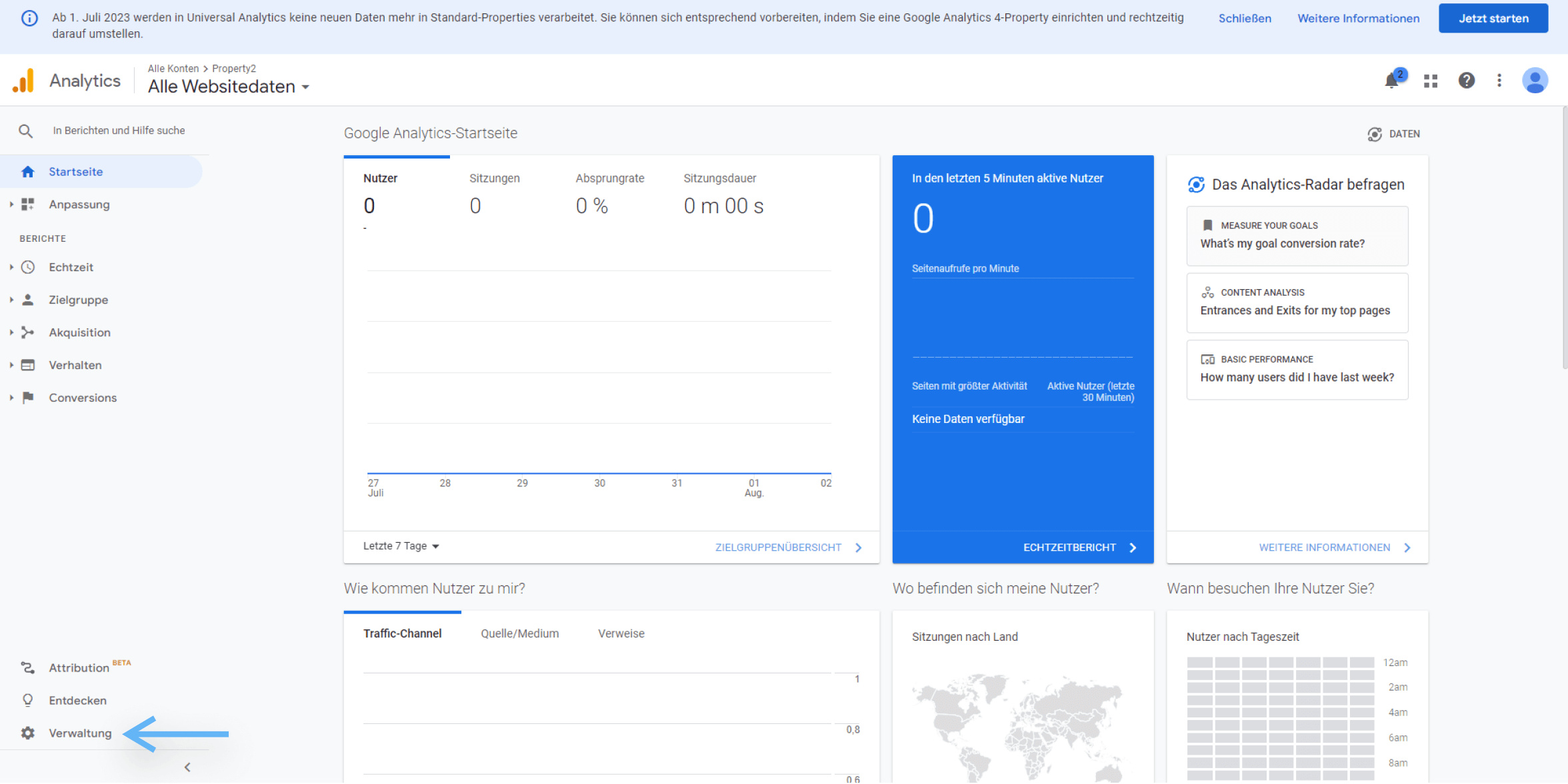 atrava - Nutzer Verwalten in Google Analytics 4 Anleitung - von der Startseite auf Verwaltung gehen