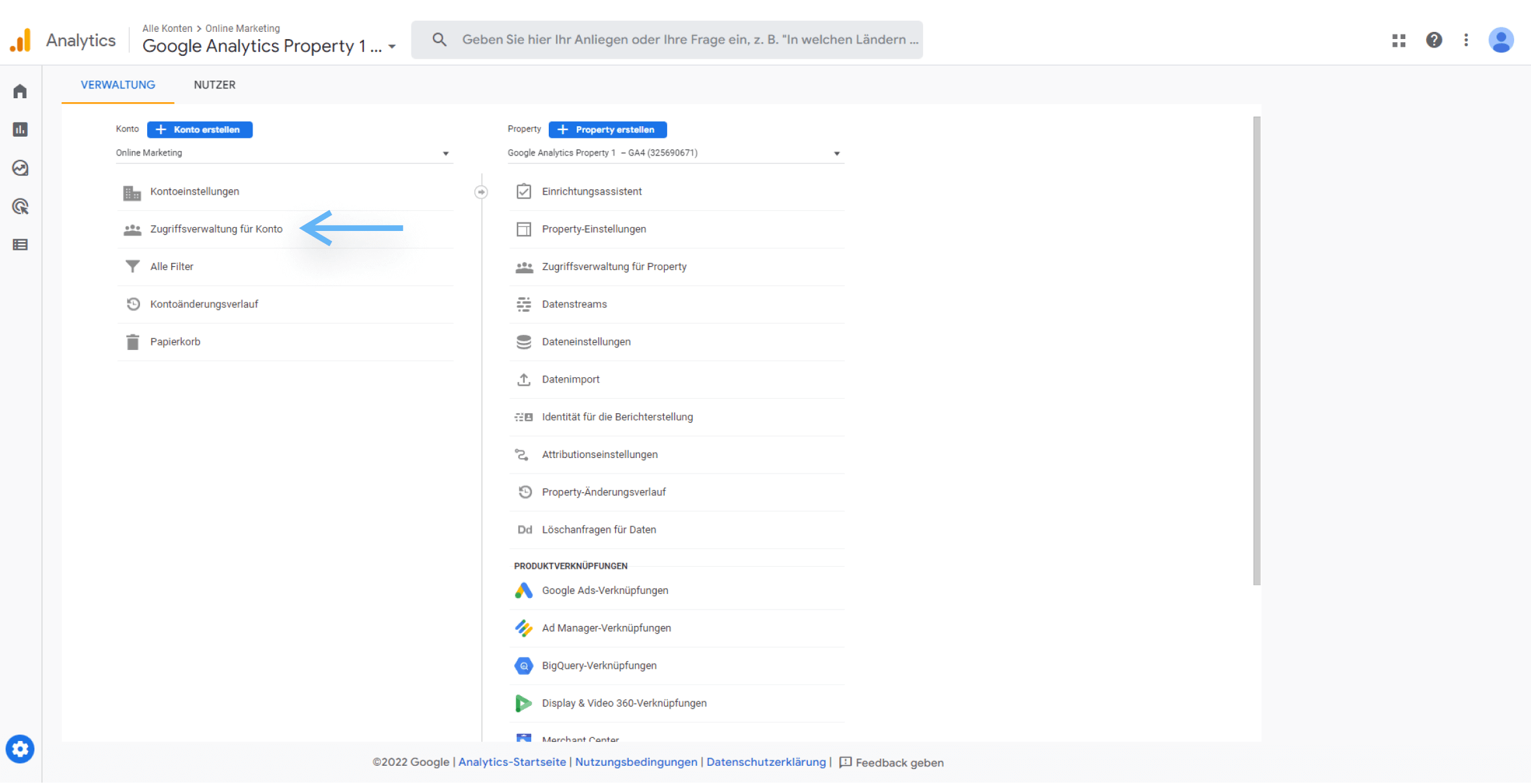 atrava - Nutzer Verwalten in Google Analytics 4 Anleitung -  auf Zugriffverwaltung für Konto klicken