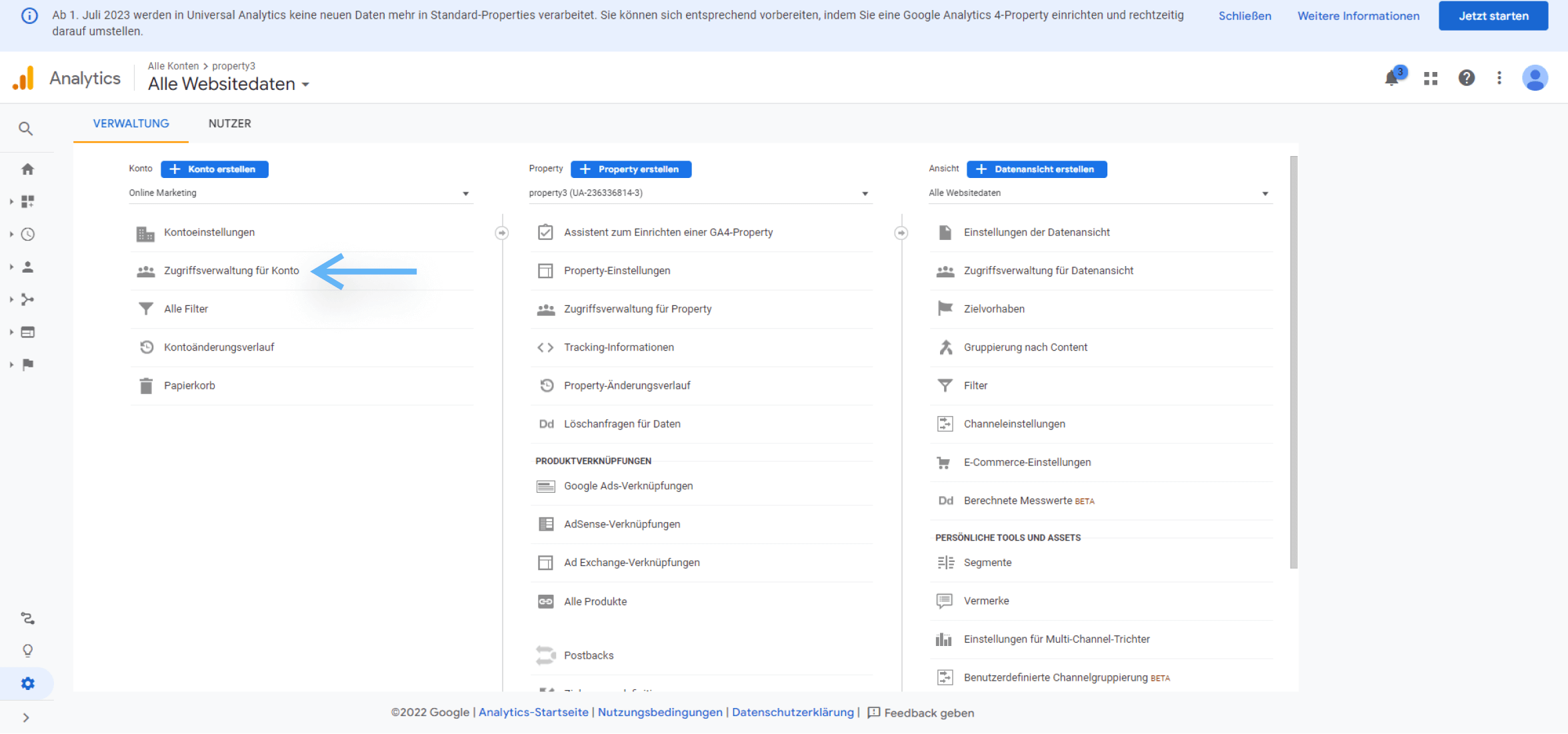 atrava - Nutzer Verwalten in Google Universal Anleitung - auf Zugriffverwaltung für Konto klicken