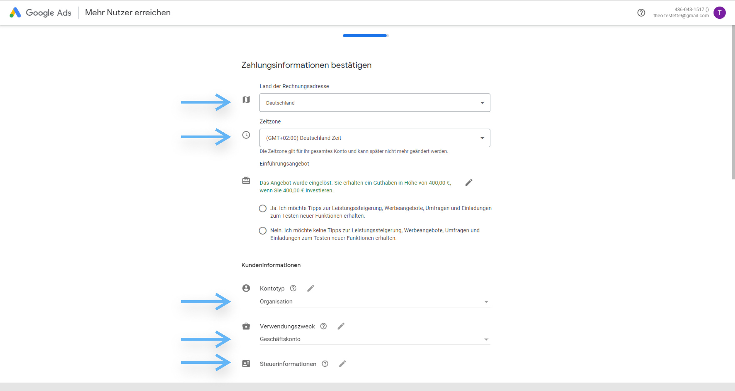 atrava - Google Ads Anleitung - Zahlungsinformationen eingeben