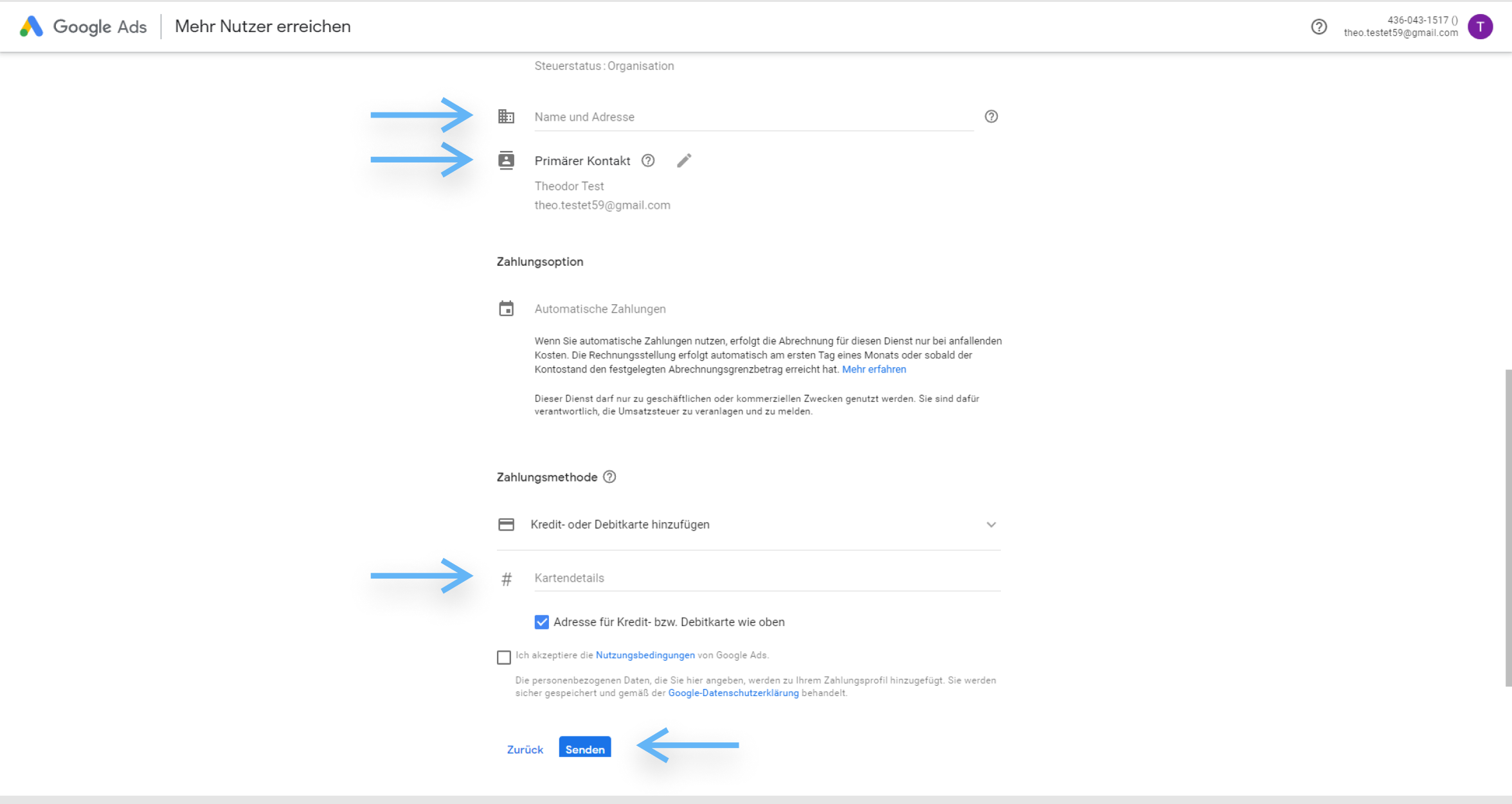 atrava - Google Ads Anleitung - Zahlungsinformationen eingeben