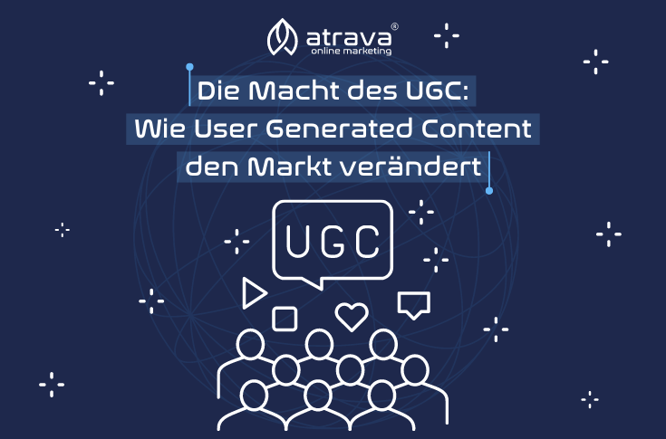 Grafik von Atrava Online Marketing mit dem Titel 'Die Macht des UGC: Wie User Generated Content den Markt verändert'. Darstellung eines Sprechblasen-Symbols mit dem Akronym 'UGC' und Ikonen für Likes, Kommentare und Medien, über einer Gruppe stilisierter Personen auf dunkelblauem Hintergrund mit Netzwerklinien und dekorativen Elementen.