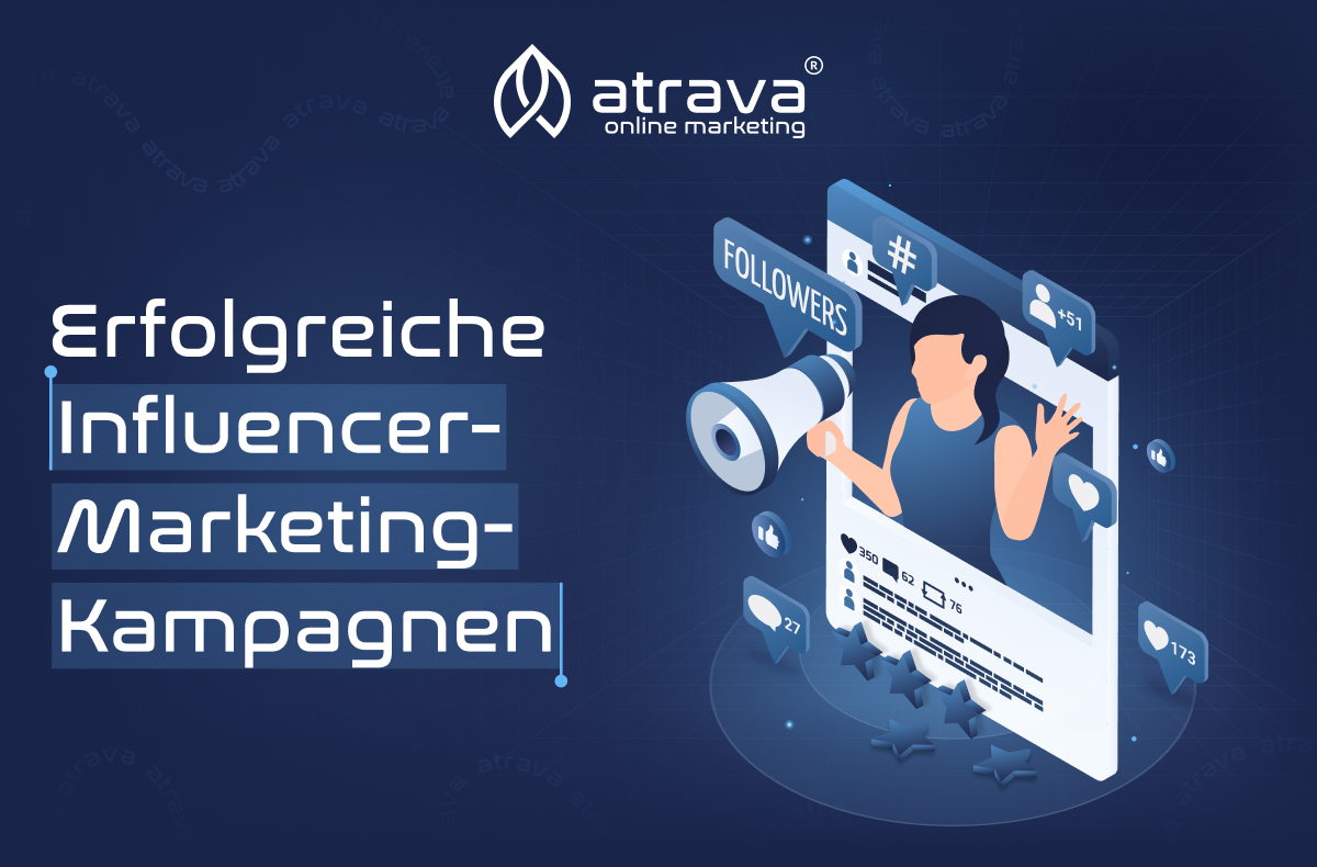 Grafik zu erfolgreichen Influencer-Marketing-Kampagnen mit Illustration einer Influencerin, Megafon und Follower-Icons