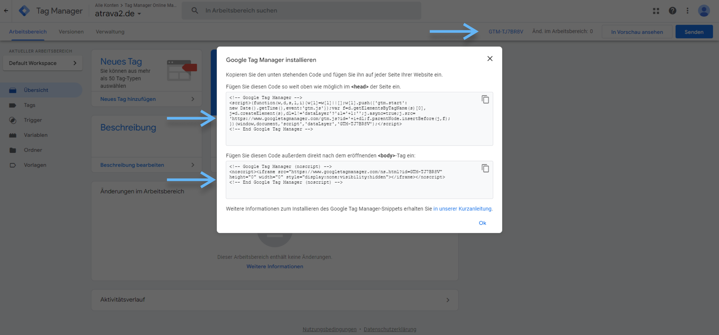 atrava - Google Tag Manager Anleitung - Codes speichern