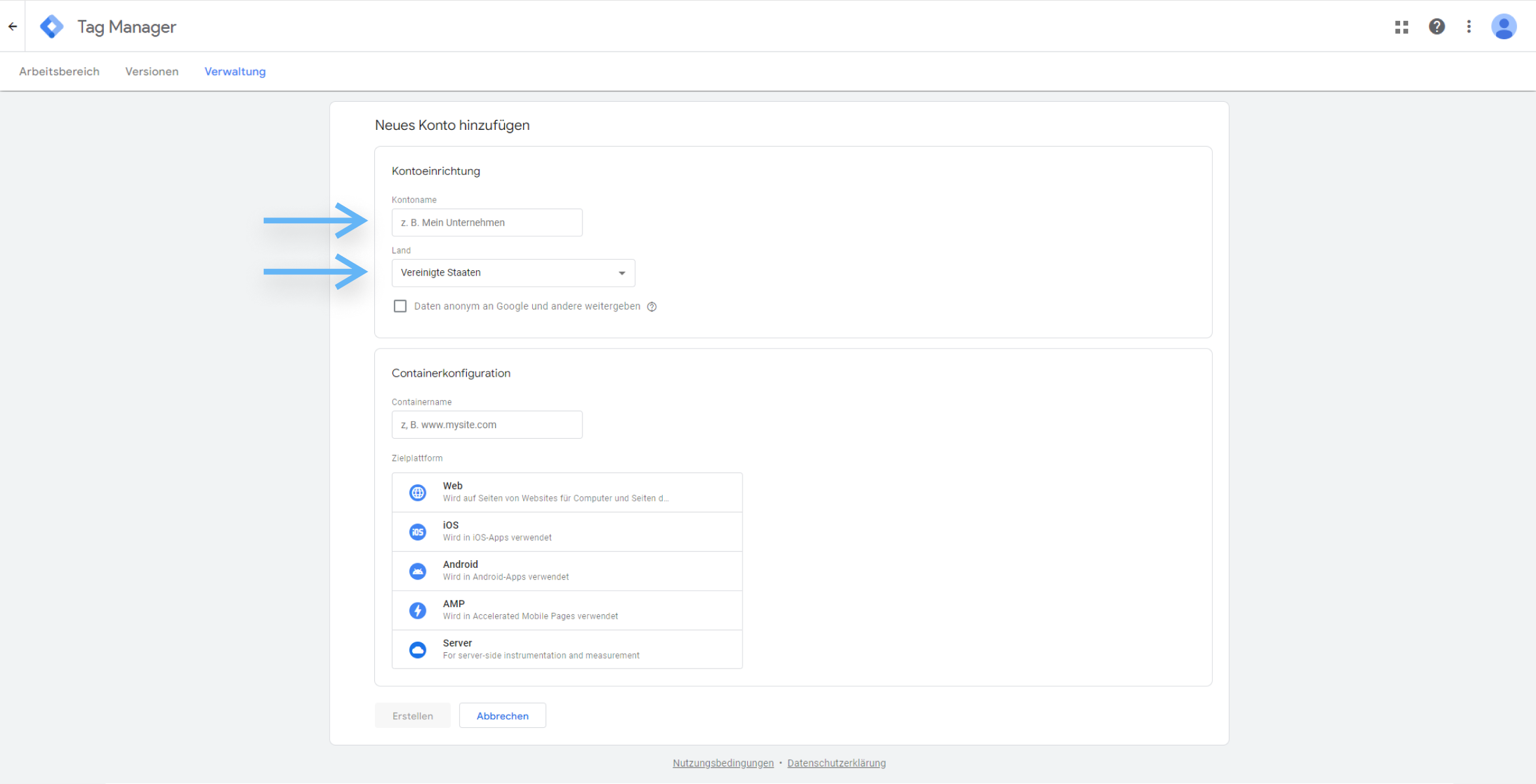 atrava - Google Tag Manager Anleitung - Name und Land des Unternehmens eingeben