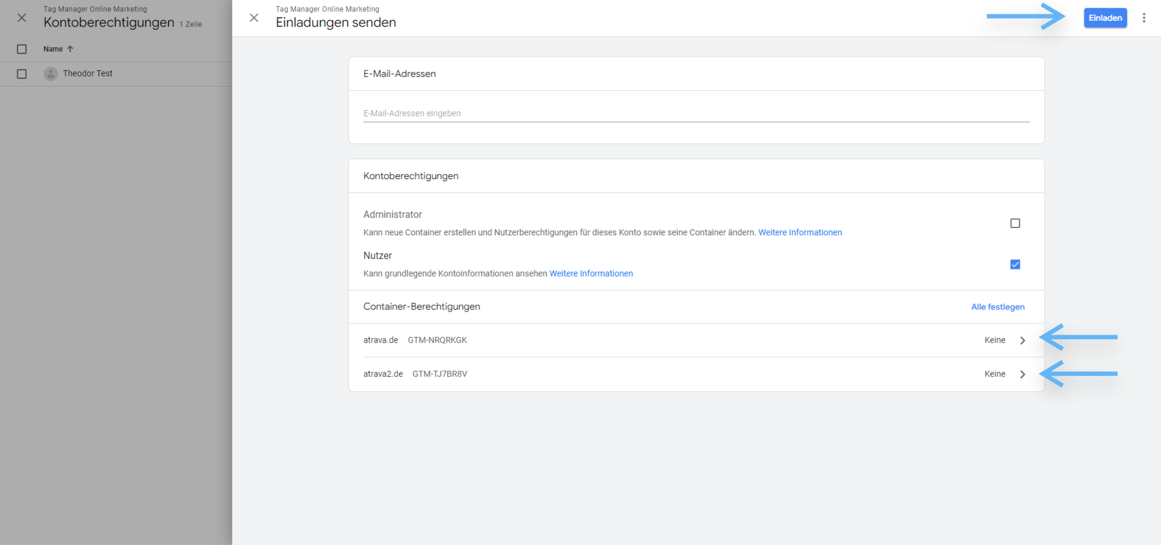 atrava - Google Tag Manager Anleitung - Berechtigungen für den Container vergeben
