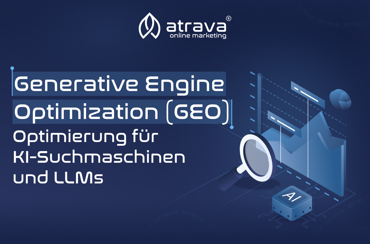 Grafik zur Generative Engine Optimization (GEO) mit dem Titel ‚Optimierung für KI-Suchmaschinen und LLMs‘, illustriert mit Lupe, Diagramm und KI-Elementen